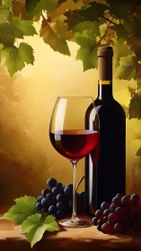 Red wine bottle, glass, and grapes under vineyard leaves.