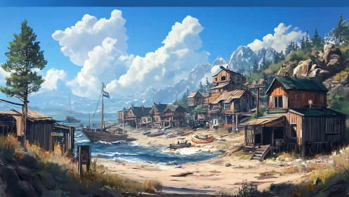 Weathered seaside village dreams beneath towering mountains.