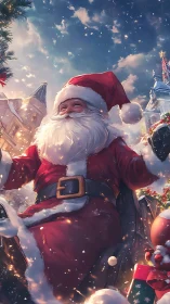 Santa rides through sparkling snowy Christmas village night.