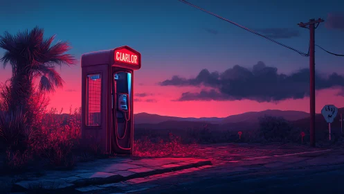 Neon roadside phone booth glows against a dusky desert sky