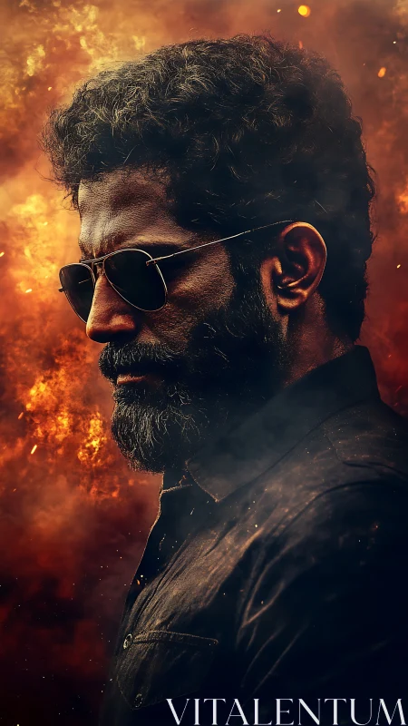 Volumetric side-portrait against combustive bokeh firefield.