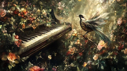 Garden piano coaxes a luminous bird into blooming song