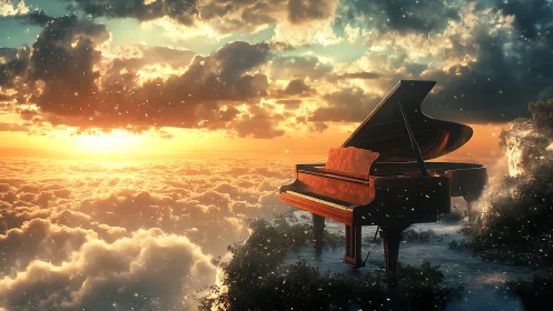 Grand piano glows above sunrise clouds in dreamlike sky.