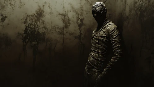 Wrapped humanoid figure in grungy corner under low key lighting