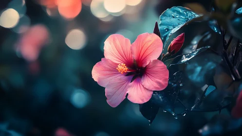 Pink Flower Blooming in Moonlit Garden with Bokeh Lights