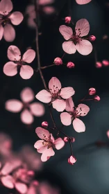 Pink flowers bloom on dark branches with shallow depth of field.