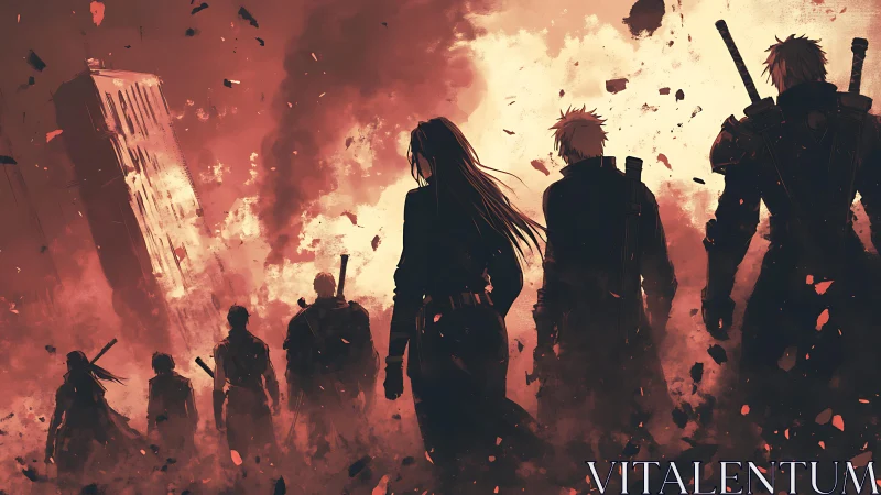 Silhouetted figures advance through burning urban ruins