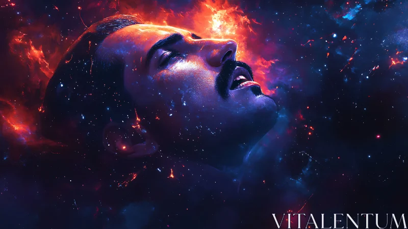 Man’s luminous face drifts through cosmic nebula glow