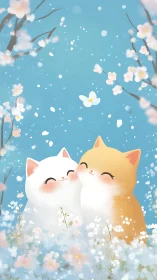 Two Stylized Cats Surrounded by Blooming Cherry Blossoms Against Turquoise Sky