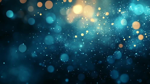 Digital bokeh particle field with teal and gold luminosity.