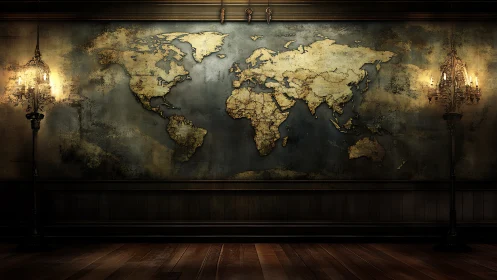 Candlelit Cartographer’s Wall Map in Antique Brass Glow.