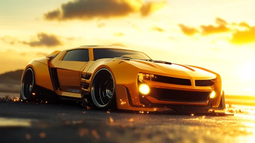 Golden sunset muscle supercar on coastal highway road