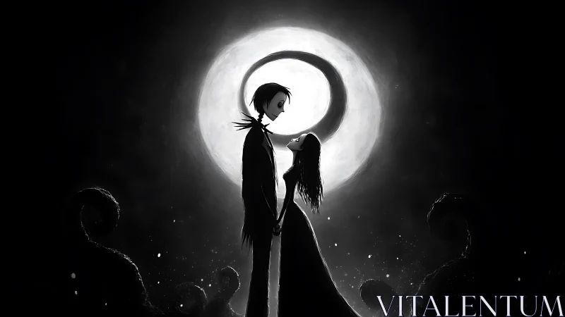 Silhouetted couple beneath full moon in monochrome scene.