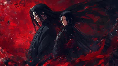 Anime dual portrait against abstract crimson vortex field.