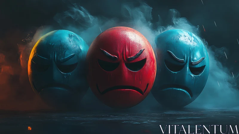 Three stylized frowning spheres in colored atmospheric light.