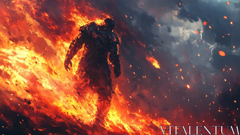 Armored figure walking through intense firestorm landscape.