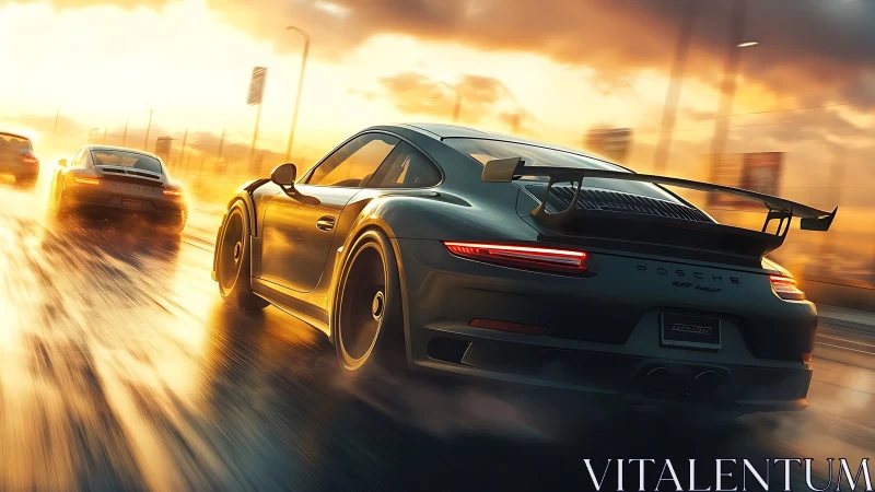 Sports car races on wet city road at glowing sunset light.