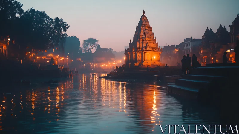 Riverside temple glows at dusk amid mist and reflections.