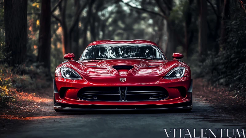 Low-angle frontal view of red sports car in forest corridor