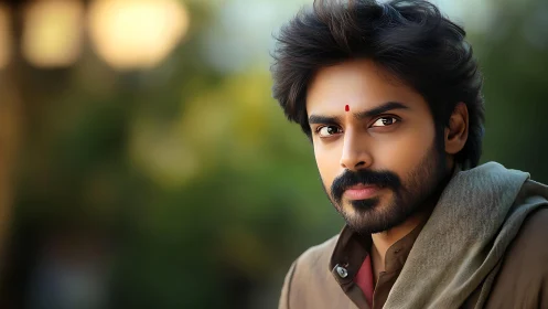 Portrait shows Indian man with tilak against blurred greenery