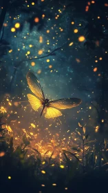 Glowing butterfly ascends through a firefly-lit twilight forest.