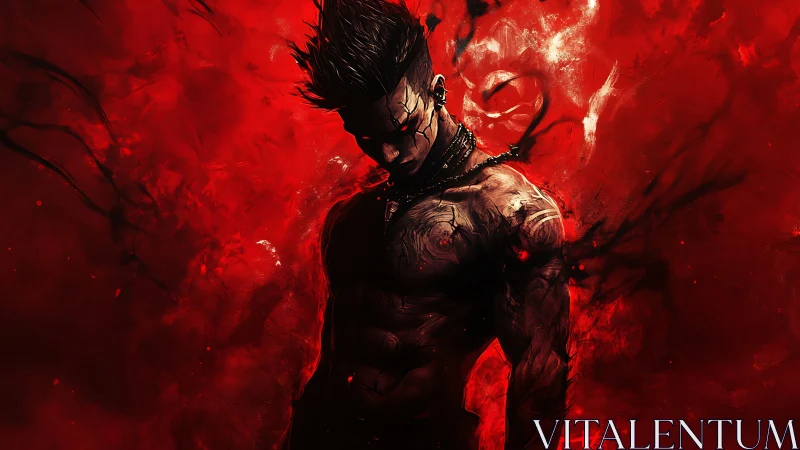 Dark muscular warrior in red inferno with demonic aura.