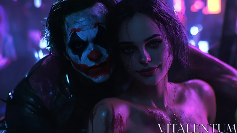 Neon-lit sinister clown and wounded woman cinematic portrait.