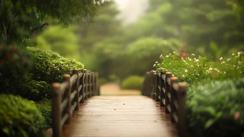 Wooden garden bridge glows under soft summer rainfall.