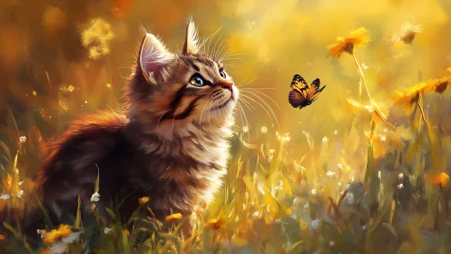 Maine Coon Kitten in Golden Wildflower Field with Monarch Butterfly