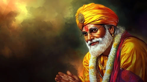 Elderly spiritual guru portrait in luminous saffron tones.