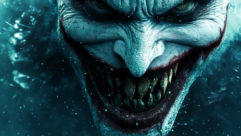 Sinister icy grin in a chilling close-up portrait.