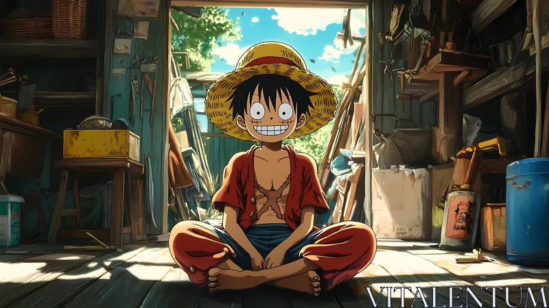 Anime boy in straw hat sitting in sunlit wooden shed.