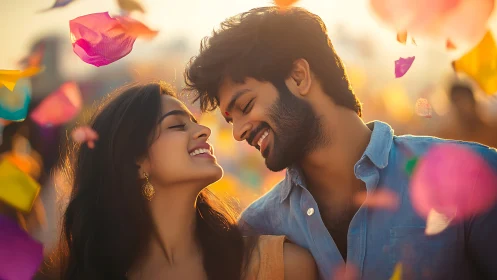 Romance Blooms: Golden Hour Confetti Kiss Moment.