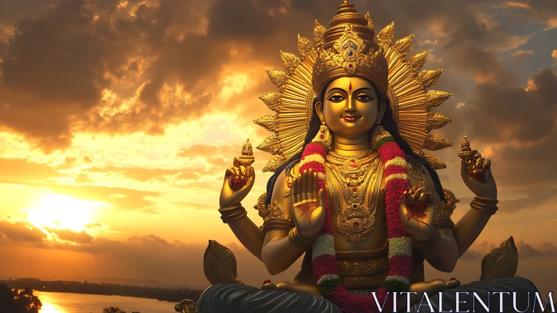 Radiant multi-armed deity statue under volumetric sunset sky.