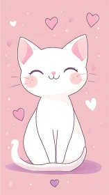 Smiling White Cat Surrounded by Floating Hearts.