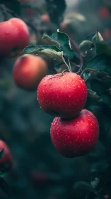 Ripe red apples hang on branch under soft moody light