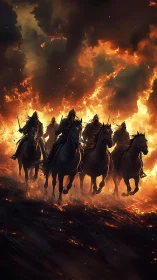 Armored riders charging forward through raging inferno.