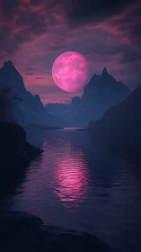 Pink celestial body illuminates mountainous river valley