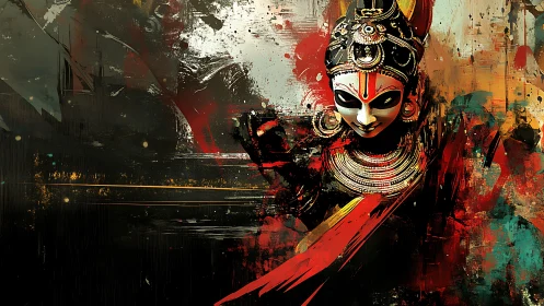 Vibrant goddess mask emerges from chaotic abstract color storm