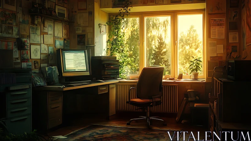 Golden afternoon light warms a quiet, creative home office