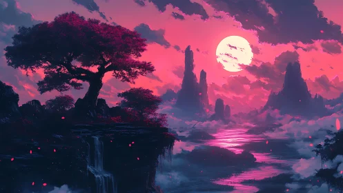Vivid pink moonlit fantasy landscape with lone tree.