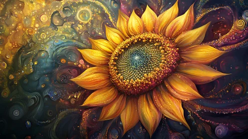 Galactic sunflower swirling through a painted cosmic tide.