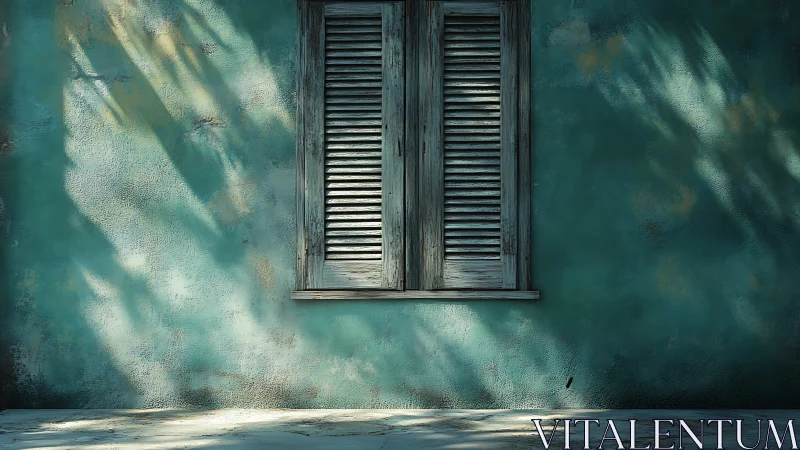 Closed wooden shutters on textured teal exterior wall.