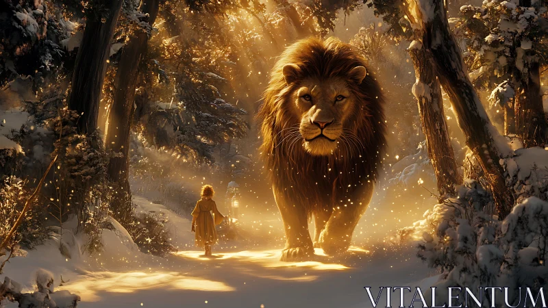 Golden forest lion escorts child through winter magic.