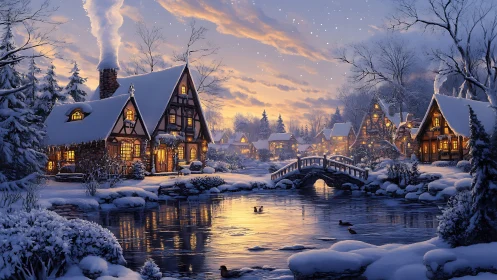 Snowlit village cottages mirrored in golden winter river.