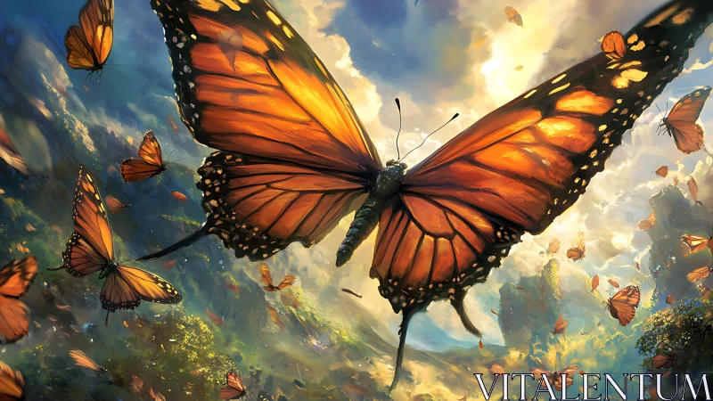 Monarch migration swarm in atmospheric digital panorama.