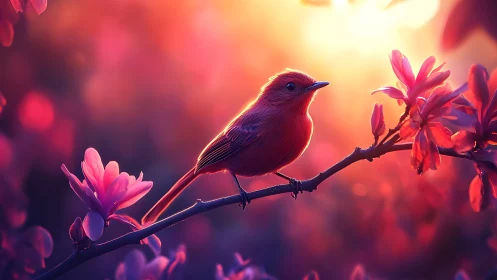 Scarlet songbird poised on blossom branch at glowing dusk.