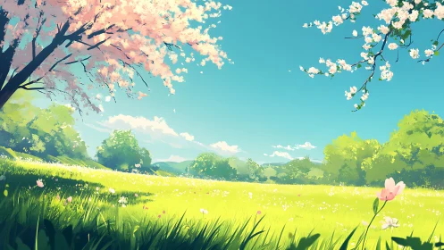 Spring meadows hum softly beneath blushing cherry skies