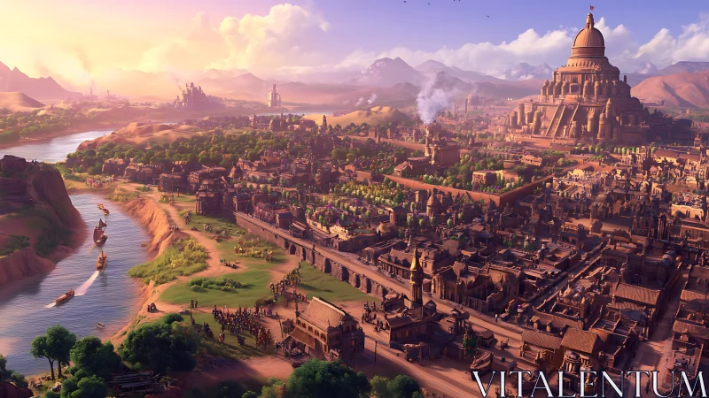 Golden light drapes a bustling ancient river kingdom in peace