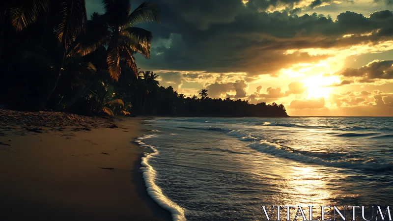 Golden hush along a palm-lined sunset shoreline.